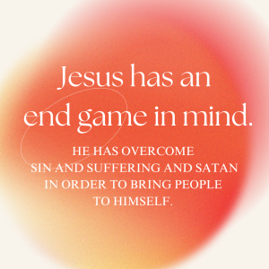Image with quote: Jesus has an end game in mind. He has overcome sin and suffering and Satan in order to bring people to himself.